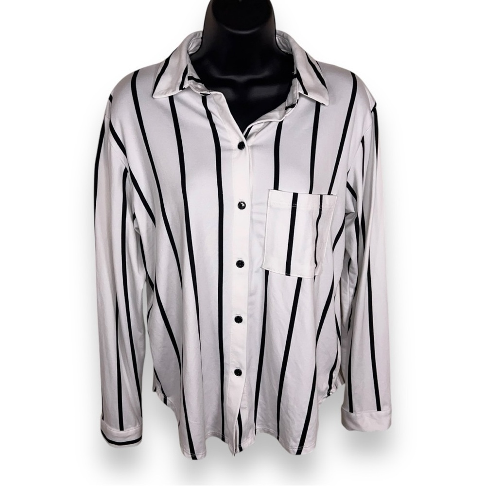 Small White Black Striped Long Sleeve Shirt Womens Sweet Rain Stretch Classic